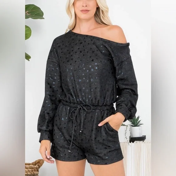 Lelis Long Sleeve Black Stars One Shoulder Romper size Medium - Picture 1 of 7